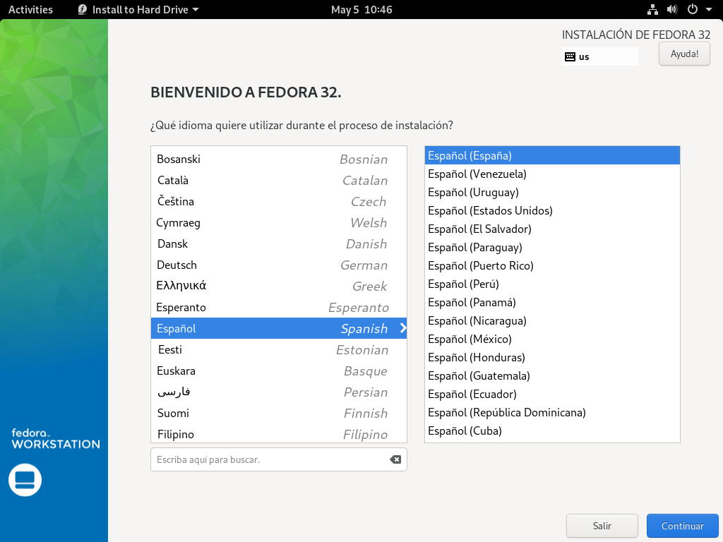 Seleccionar idioma en la instalacion de Fedora 32 Workstation
