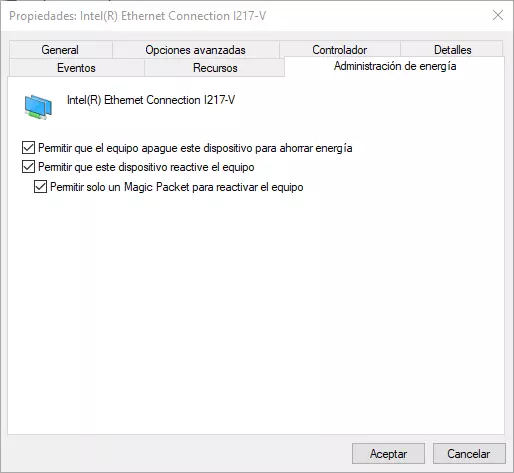 Opciones de energía adaptador de red Windows 10